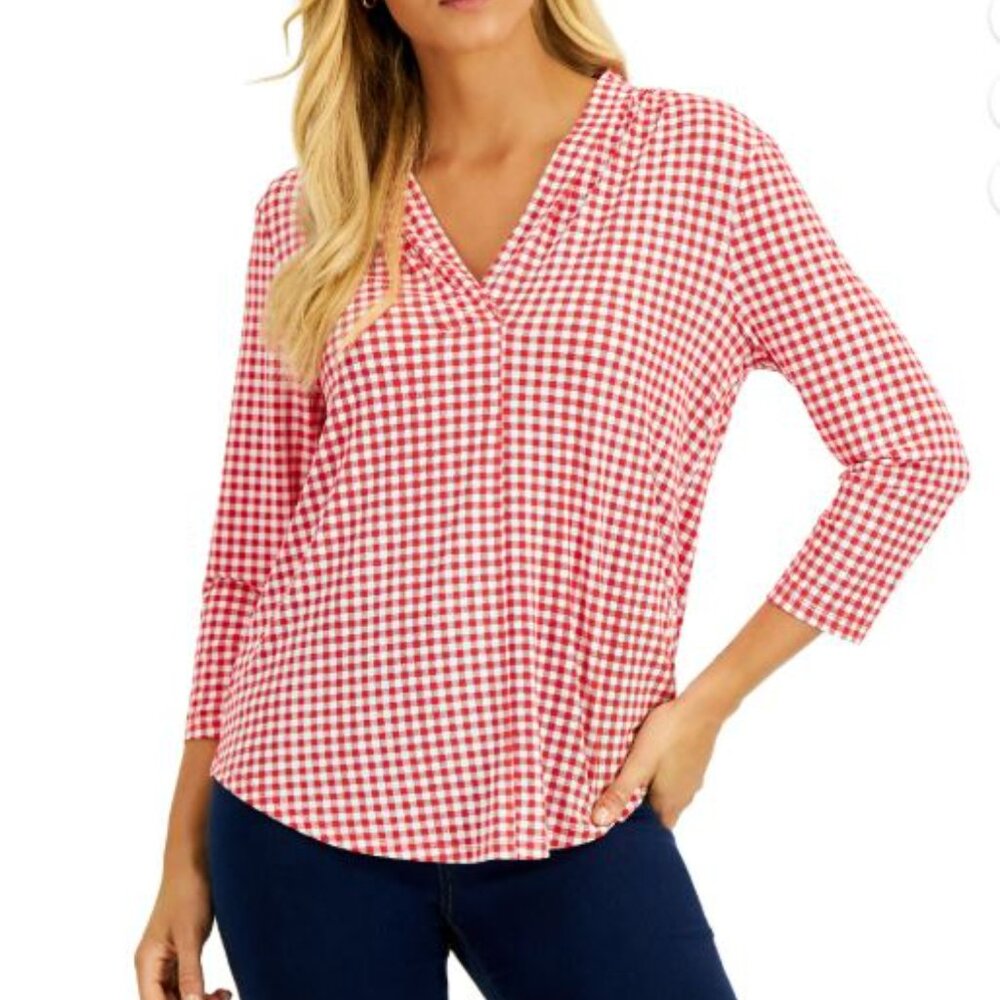 Charter Club Gingham Top Red Barn V-Neck 3/4 Sleeve Blouse Size S